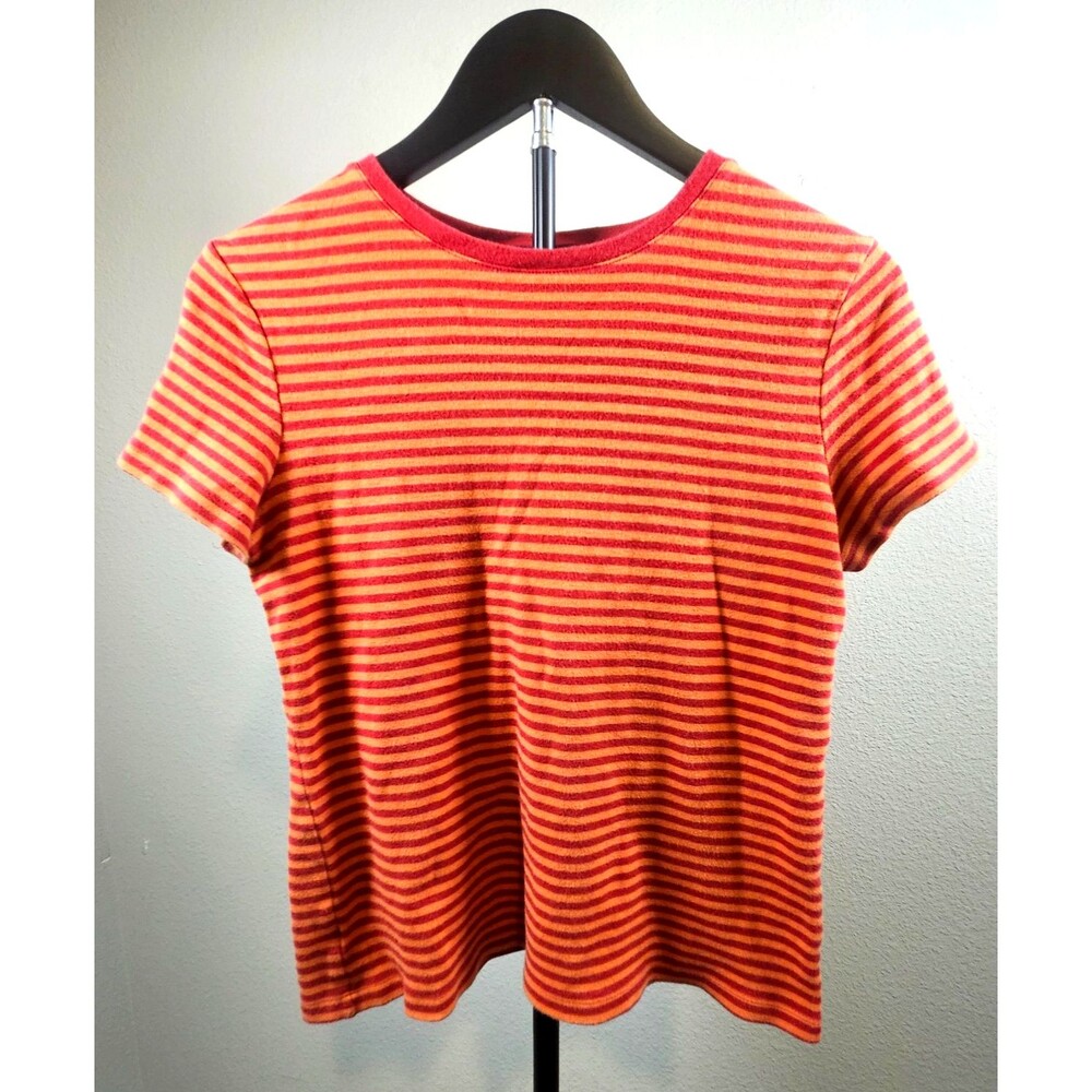 Ann Taylor Striped T Shirt Women Medium Orange Red Short Sleeve Cotton Knit Top